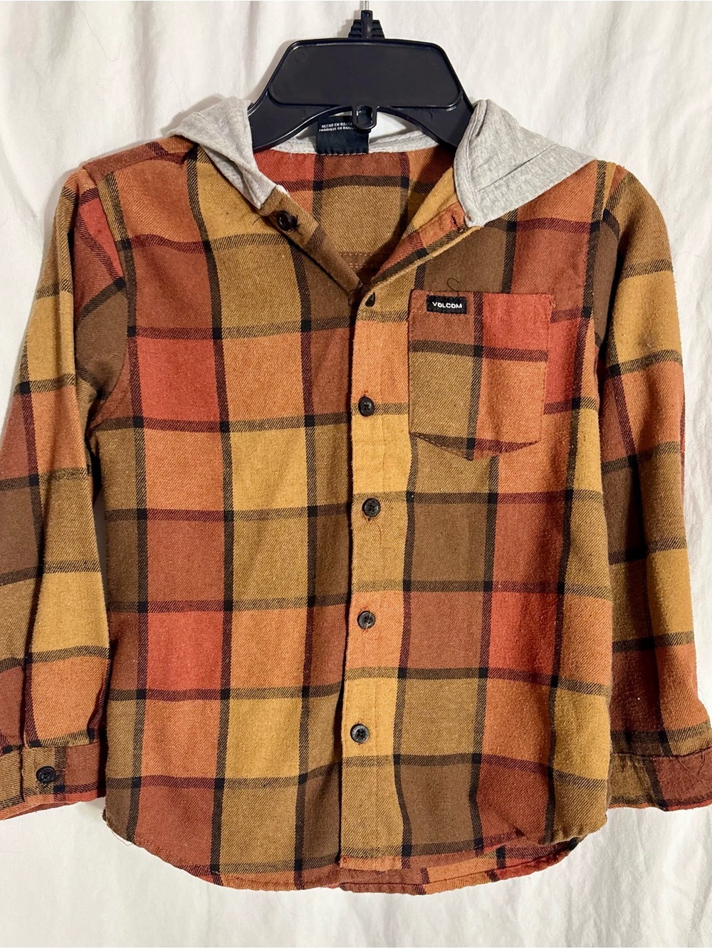 Volcom Kids Orange & Mustard Plaid Hooded Button-Up Shirt